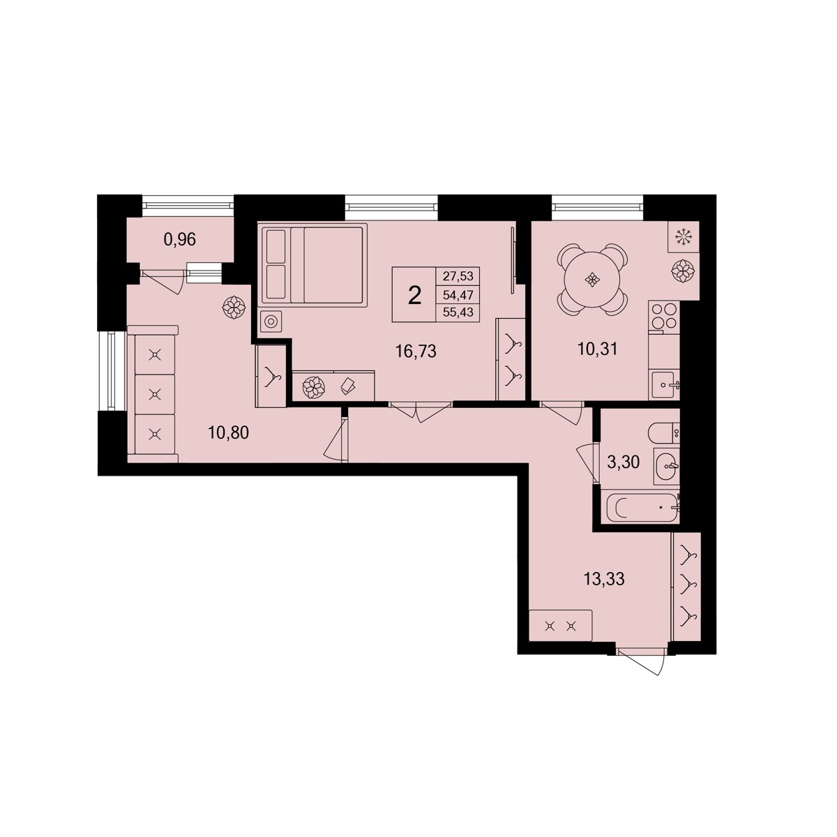 Двухкомнатная 55,43 м², 6 этаж — чистовая — Зелёная роща