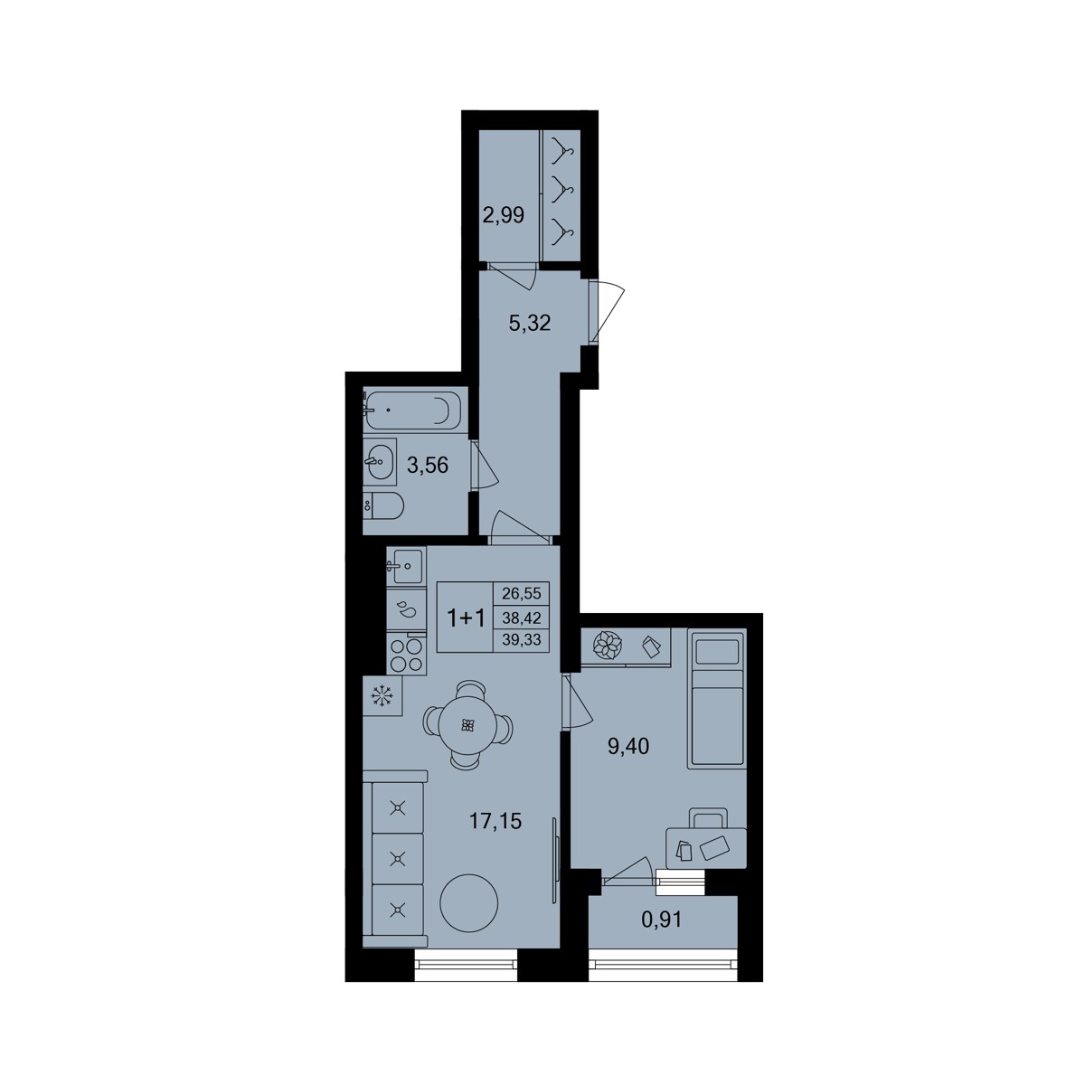 Двухкомнатная (евро) 39,33 м², 13 этаж — предчистовая — Зелёная роща