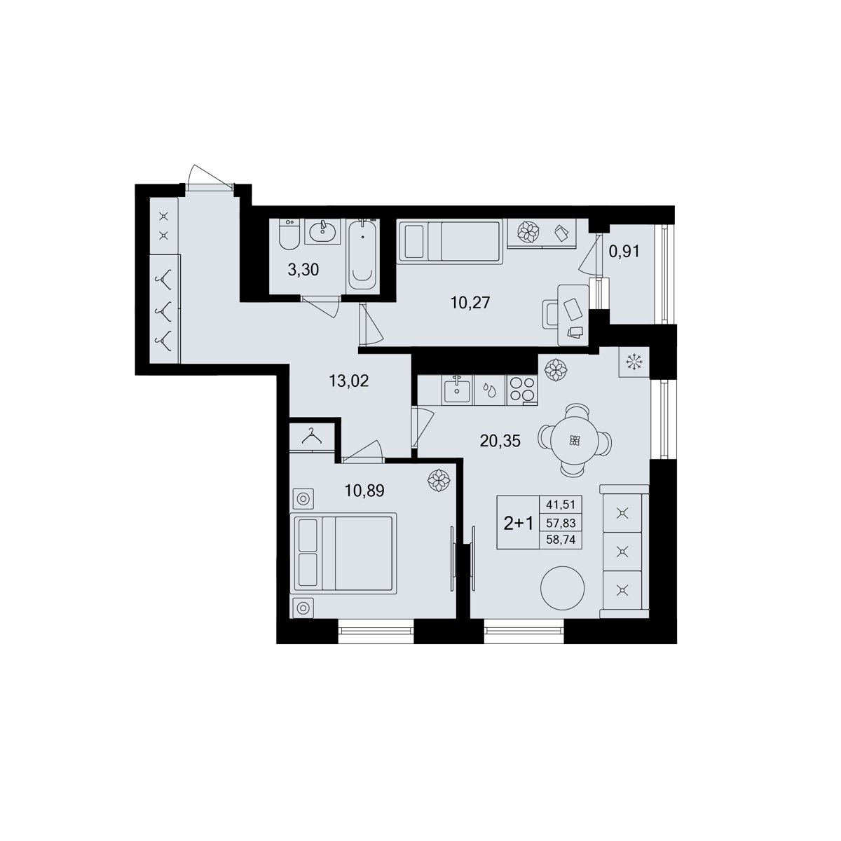 Трёхкомнатная (евро) 58,74 м², 11 этаж — предчистовая — Зелёная роща