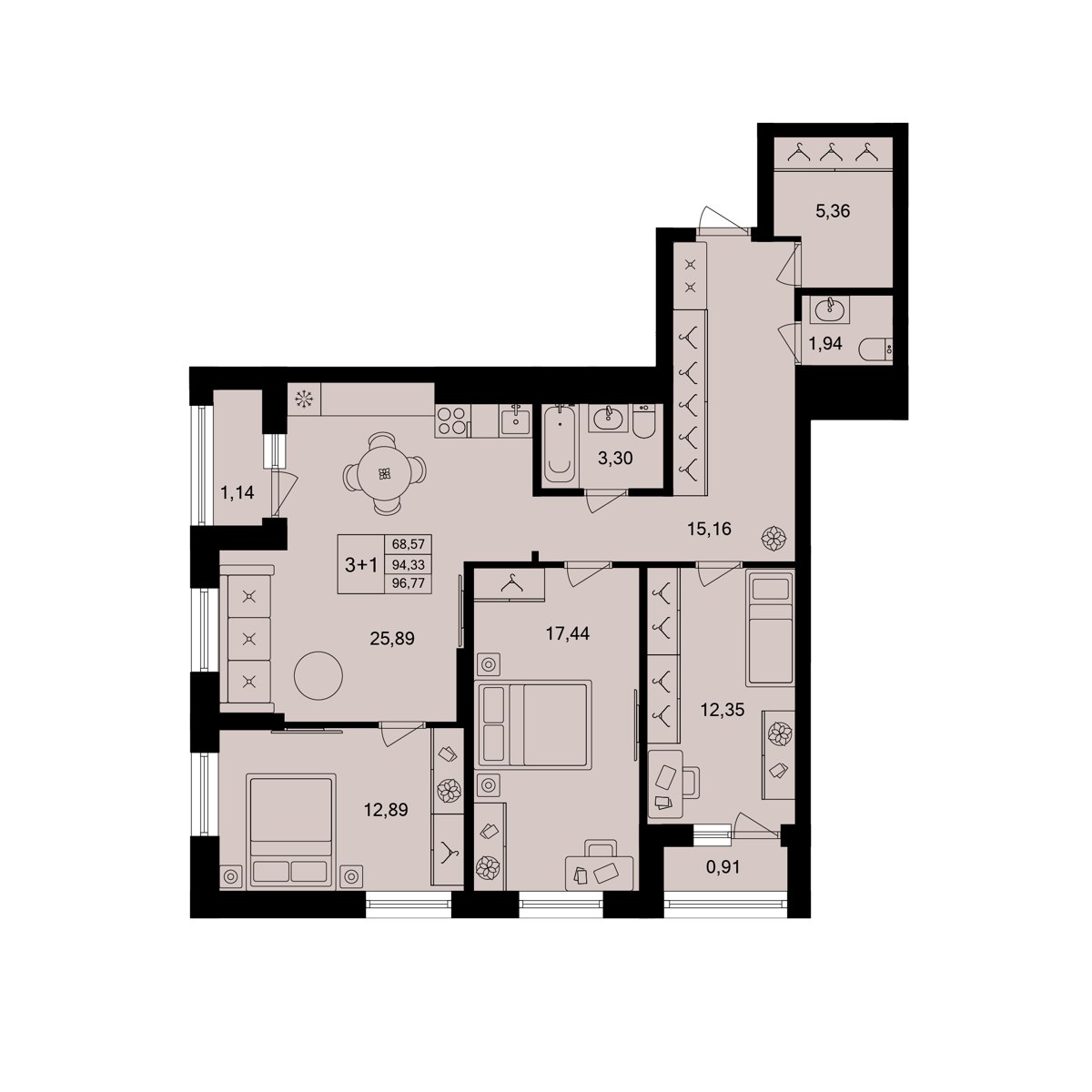 Четырёхкомнатная (евро) 96,38 м², 3 этаж — чистовая — Зелёная роща